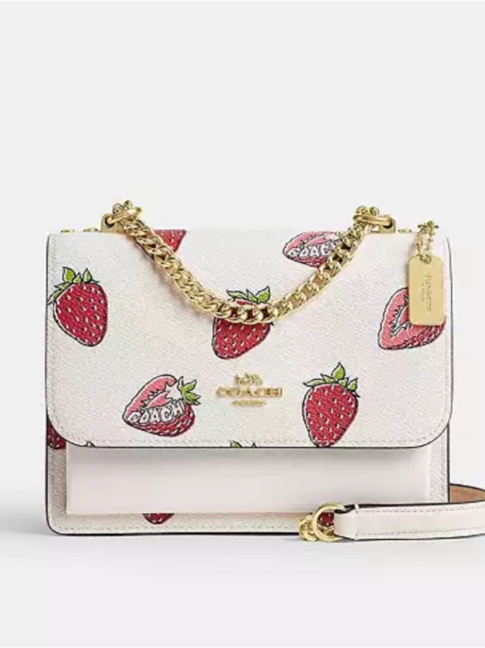 COACH White Strawberry Print Leather Crossbody with Gold Chain